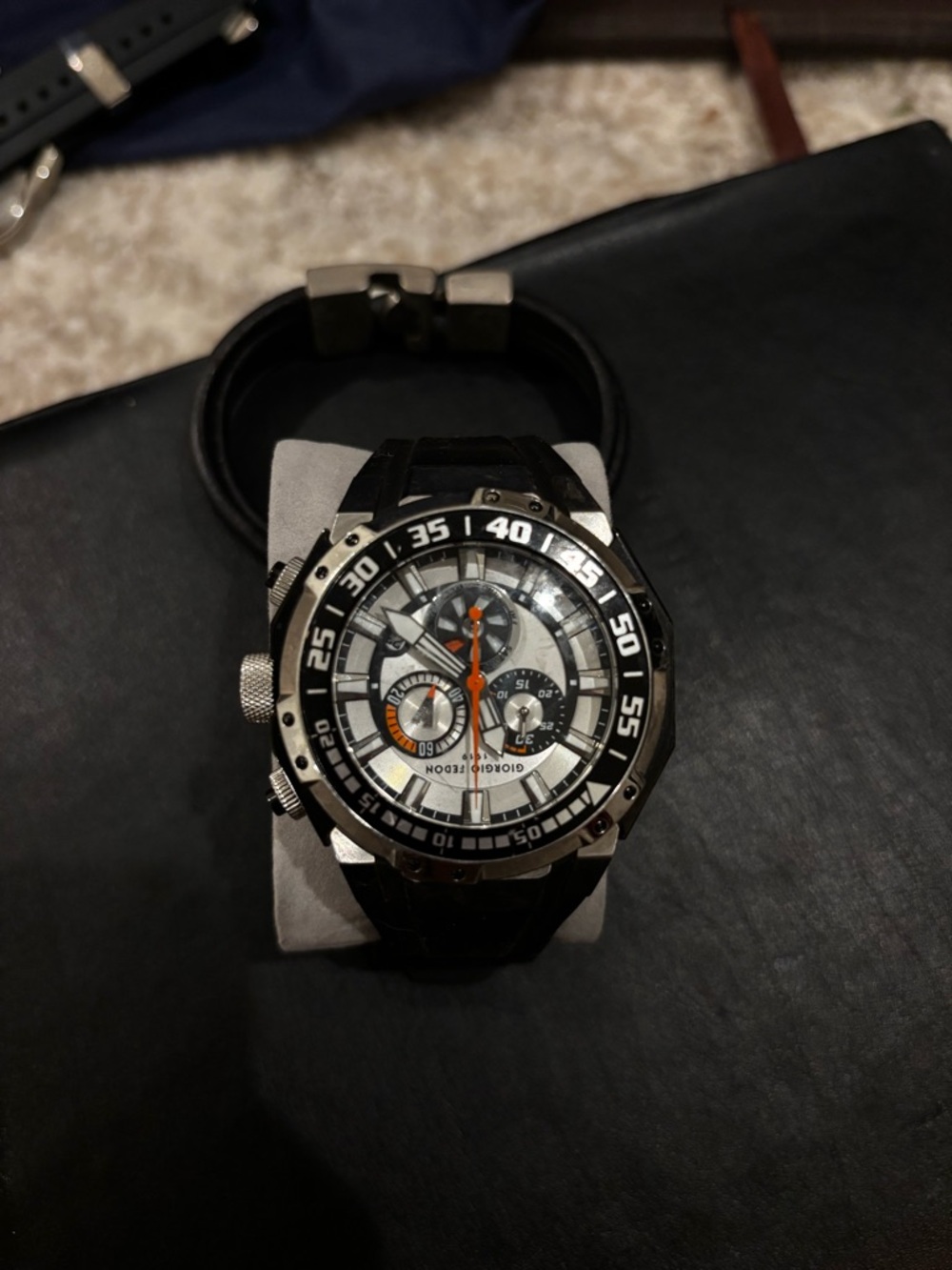 Men's Black and Silver Chronograph Watch with Orange Accents